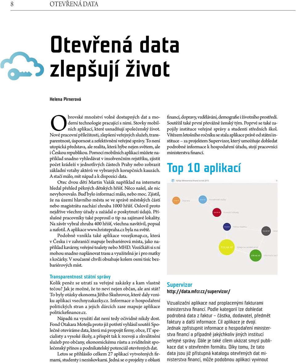 Pomocí mobiních apikací můžete napříkad snadno vyhedávat v insovenčním rejstříku, zjistit počet krádeží v jednotivých částech Prahy nebo zobrazit zákadní vztahy aktérů ve vybraných korupčních kauzách.