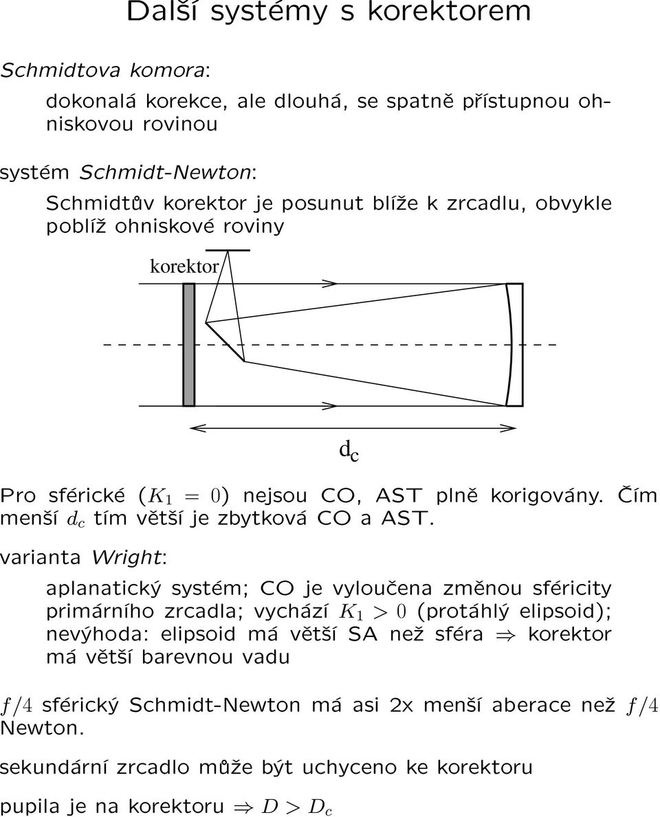 varianta Wright: aplanatický systém; CO je vylouèena zmìnou sféricity primárního zrcadla; vychází K 1 > 0 (protáhlý elipsoid); nevýhoda: elipsoid má vìt¹í SA ne¾ sféra