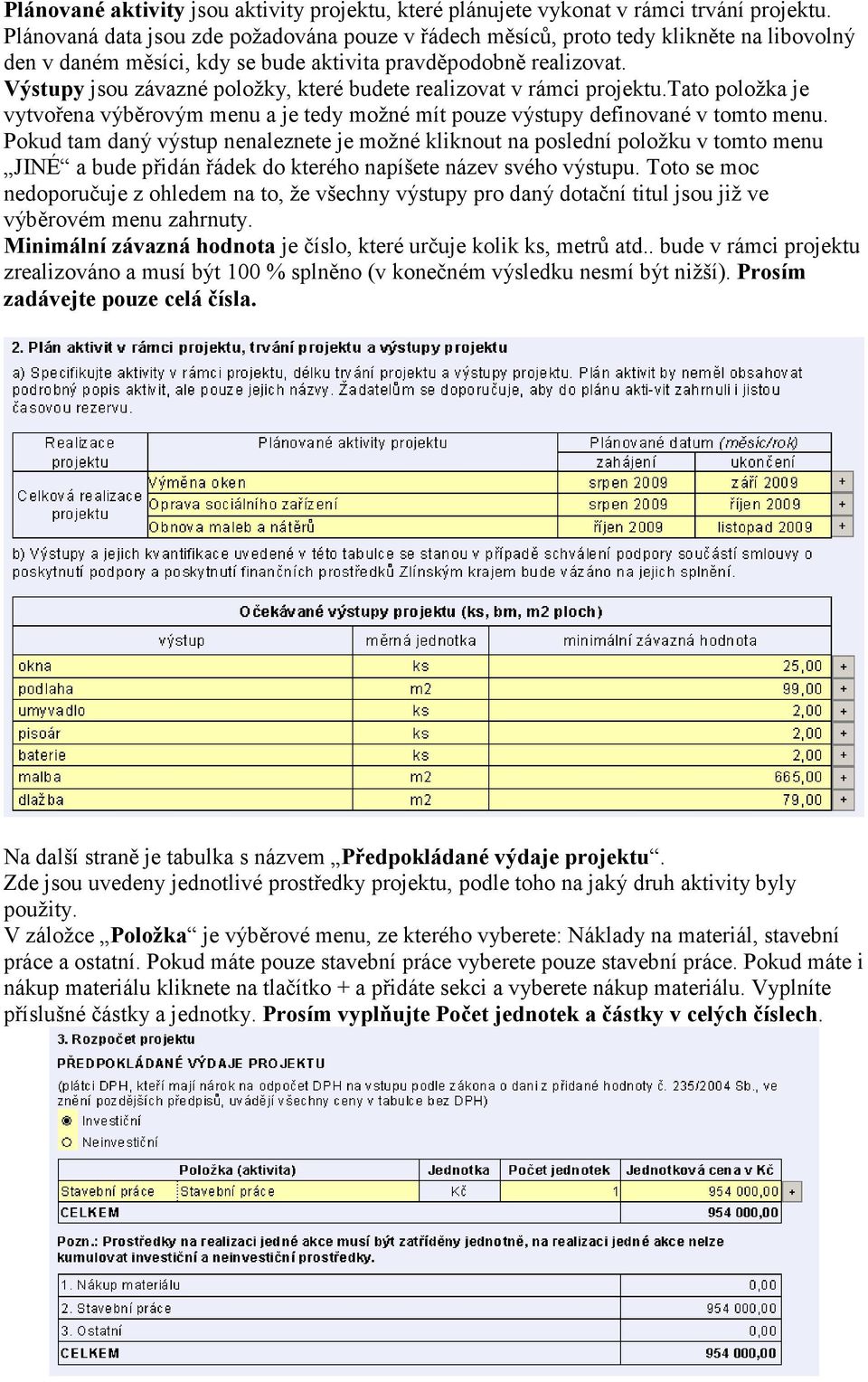 Výstupy jsou závazné položky, které budete realizovat v rámci projektu.tato položka je vytvořena výběrovým menu a je tedy možné mít pouze výstupy definované v tomto menu.