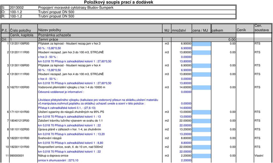 3 m3 6.90000 RTS 50 % : 13,80*0,50 6.90000 2 131201111R00 Hloubení nezapaž. jam hor.3 do 100 m3, STROJNĚ m3 13.80000 RTS v hor.