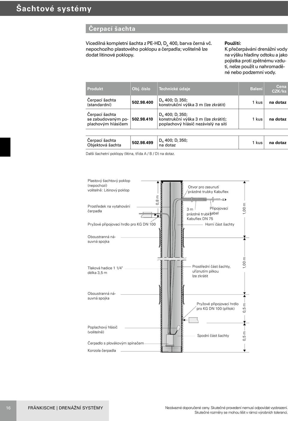 400 D A 400; D I 350; konstrukční výška 3 m (lze zkrátit) 1 kus na dotaz Čerpací šachta se zabudovaným poplachovým hlásičem 502.98.