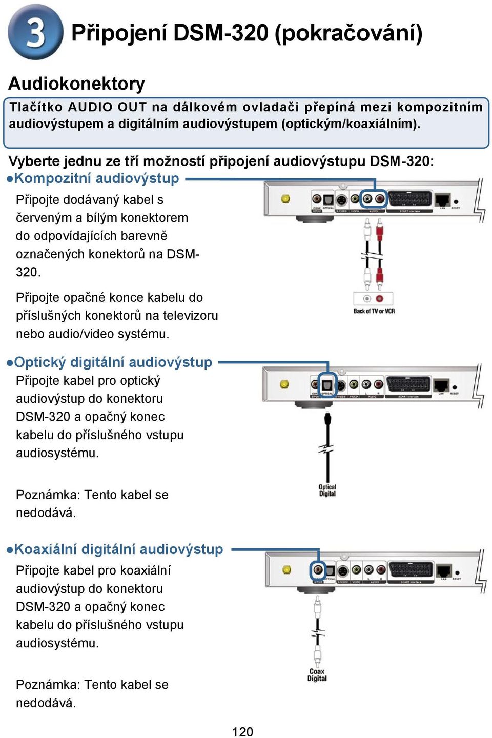 Připojte opačné konce kabelu do příslušných konektorů na televizoru nebo audio/video systému.