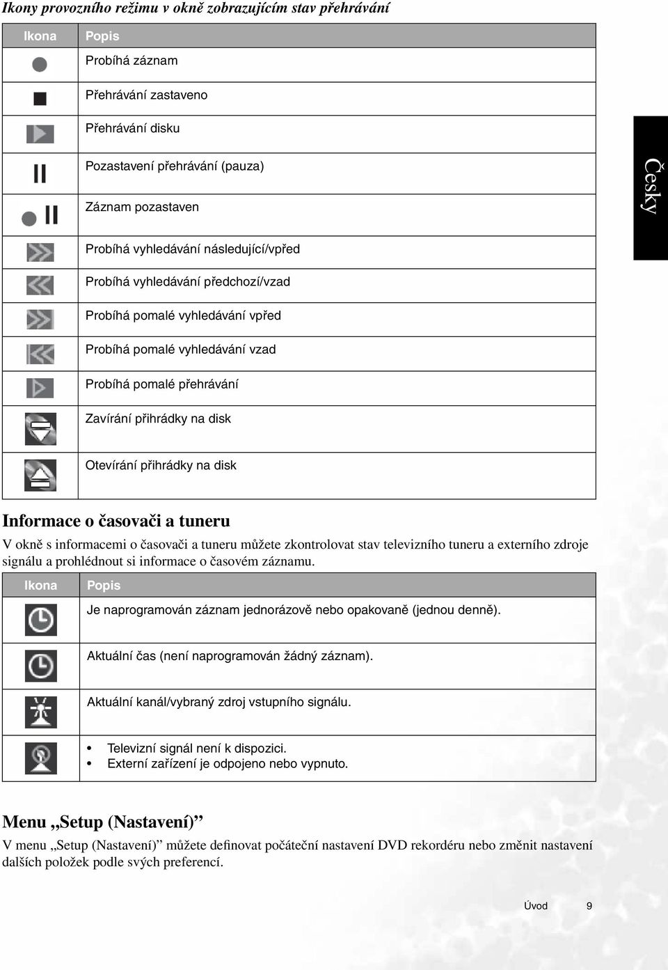 Informace o časovači a tuneru V okně s informacemi o časovači a tuneru můžete zkontrolovat stav televizního tuneru a externího zdroje signálu a prohlédnout si informace o časovém záznamu.