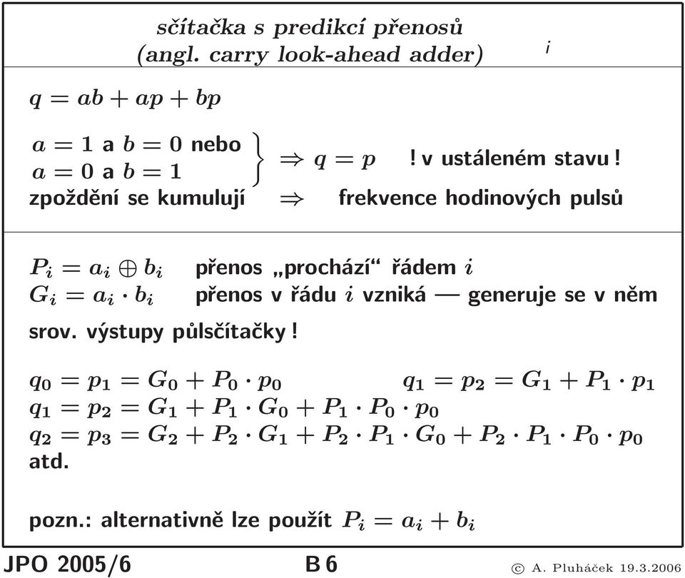 přenos prochází řádem i přenosvřádu ivzniká generujesevněm q 0 = p 1 = G 0 + P 0 p 0 q 1 = p 2 = G 1 + P 1 p 1 q 1 = p 2 = G 1 +