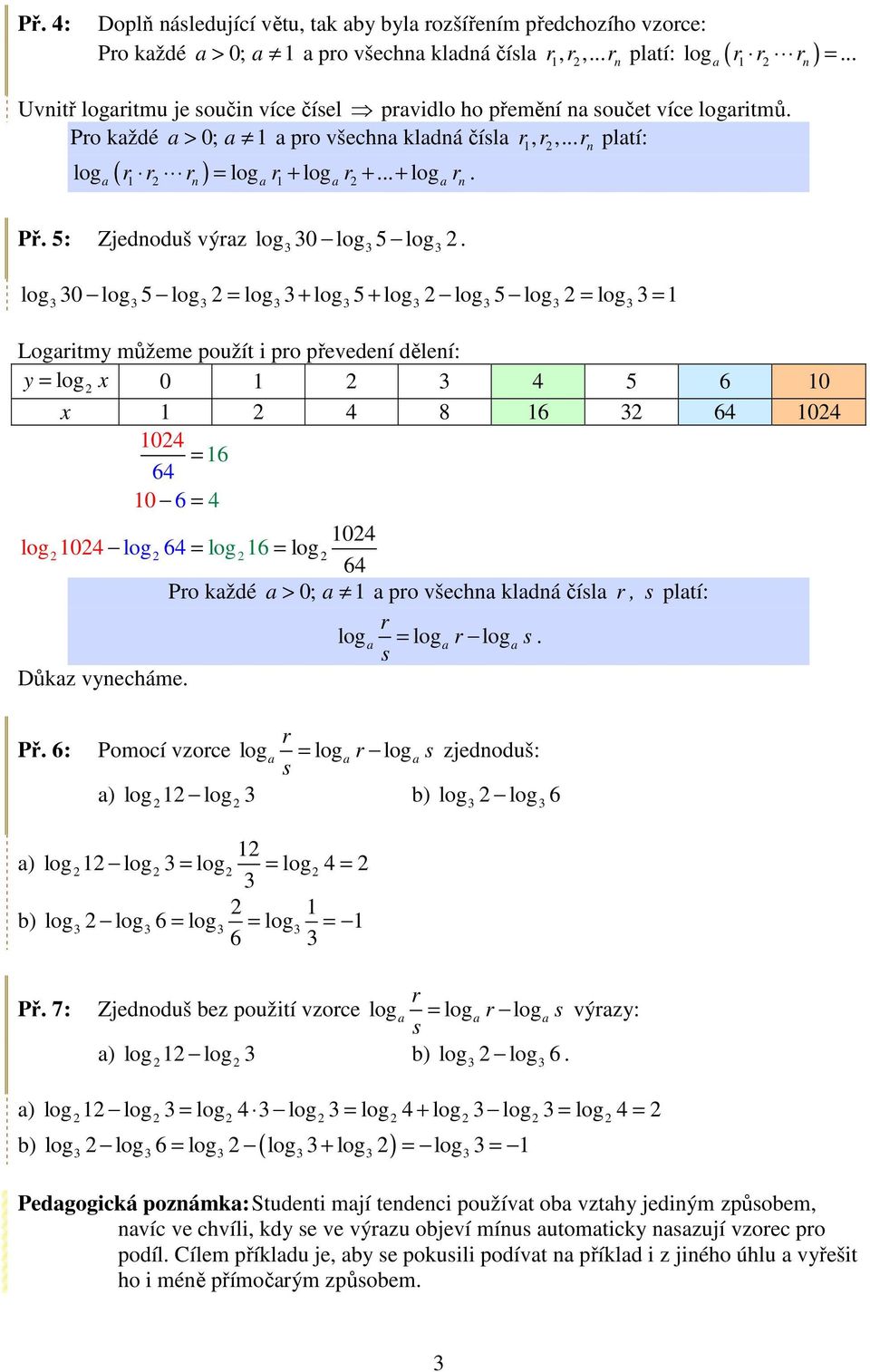 0 5 = + 5 + 5 = = 1 Logitmy můžeme použít i po převedení dělení: y = x 0 1 5 6 10 x 1 8 16 6 10 10 = 16 6 10 6 = 10 10 6 = 16 = 6 Po kždé > 0; 1 po všechn kldná číl, pltí: =. Důkz vynecháme. Př.