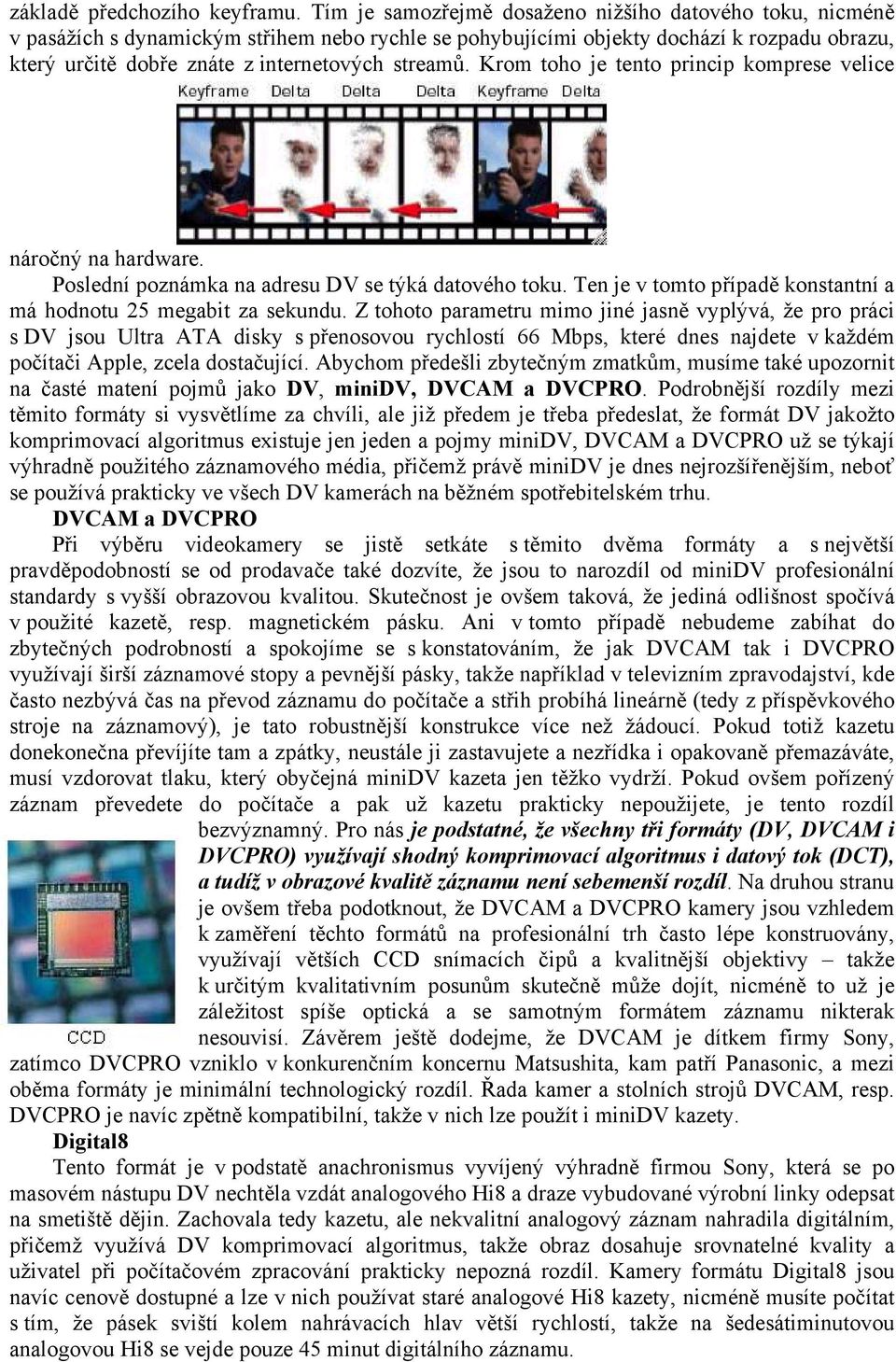 streamů. Krom toho je tento princip komprese velice náročný na hardware. Poslední poznámka na adresu DV se týká datového toku. Ten je v tomto případě konstantní a má hodnotu 25 mega za sekundu.