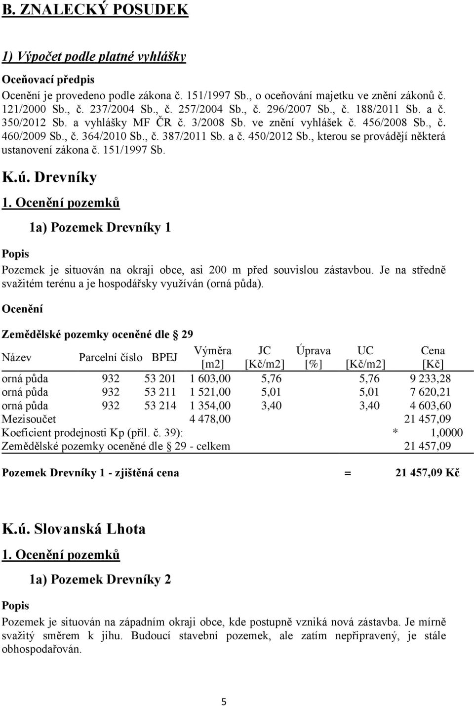 , kterou se provádějí některá ustanovení zákona č. 151/1997 Sb. K.ú. Drevníky 1. Ocenění pozemků 1a) Pozemek Drevníky 1 Popis Pozemek je situován na okraji obce, asi 200 m před souvislou zástavbou.