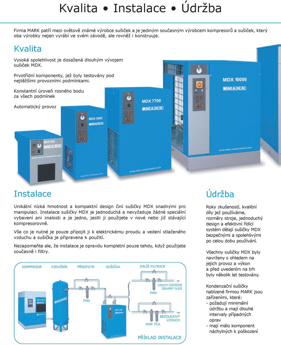 Konstantní úroveň rosného bodu za všech podmínek Automatický provoz Instalace Unikátní nízká hmotnost a kompaktní design činí sušičky MDX snadnými pro manipulaci.