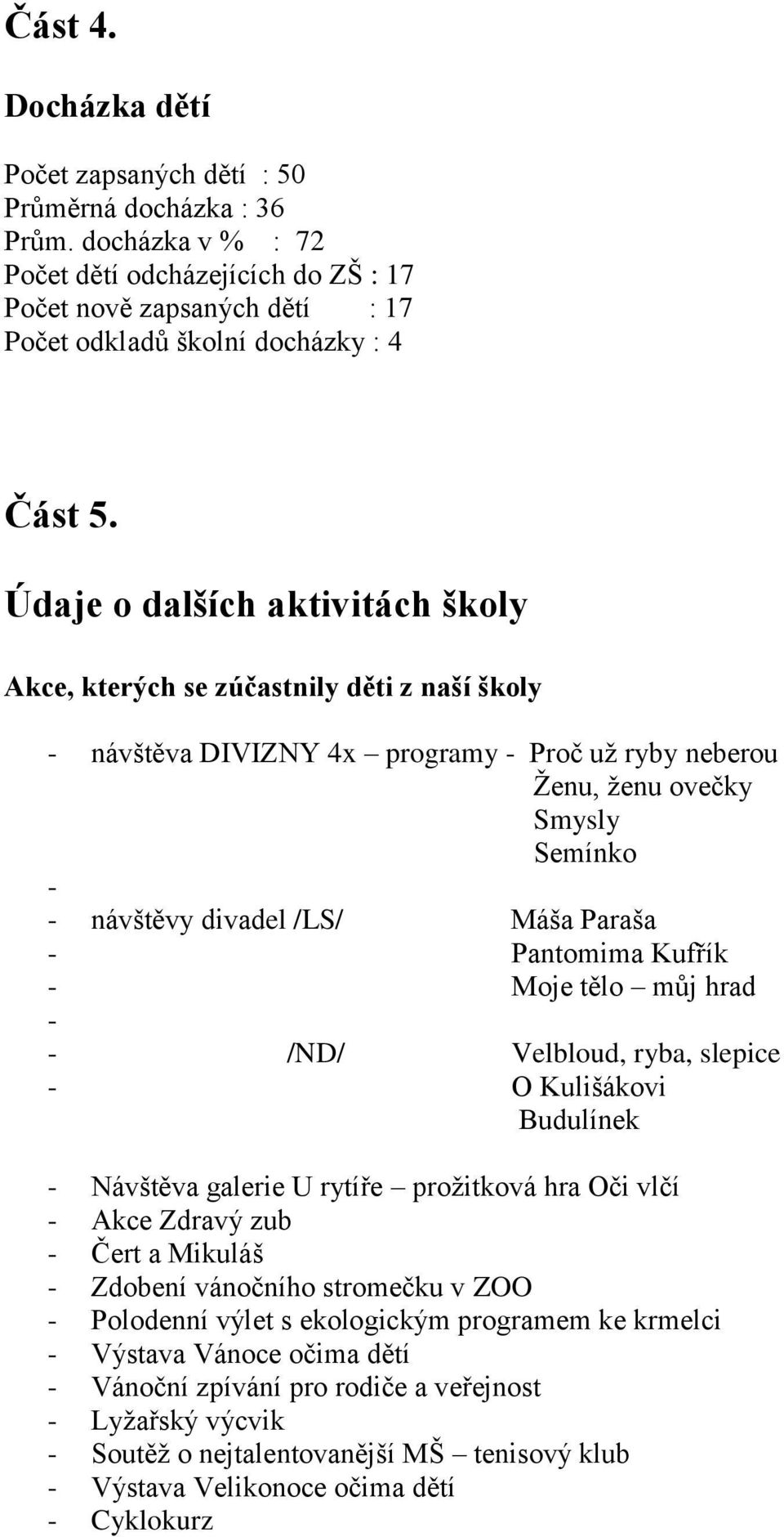 Údaje o dalších aktivitách školy Akce, kterých se zúčastnily děti z naší školy - návštěva DIVIZNY 4x programy - Proč už ryby neberou Ženu, ženu ovečky Smysly Semínko - - návštěvy divadel /LS/ Máša