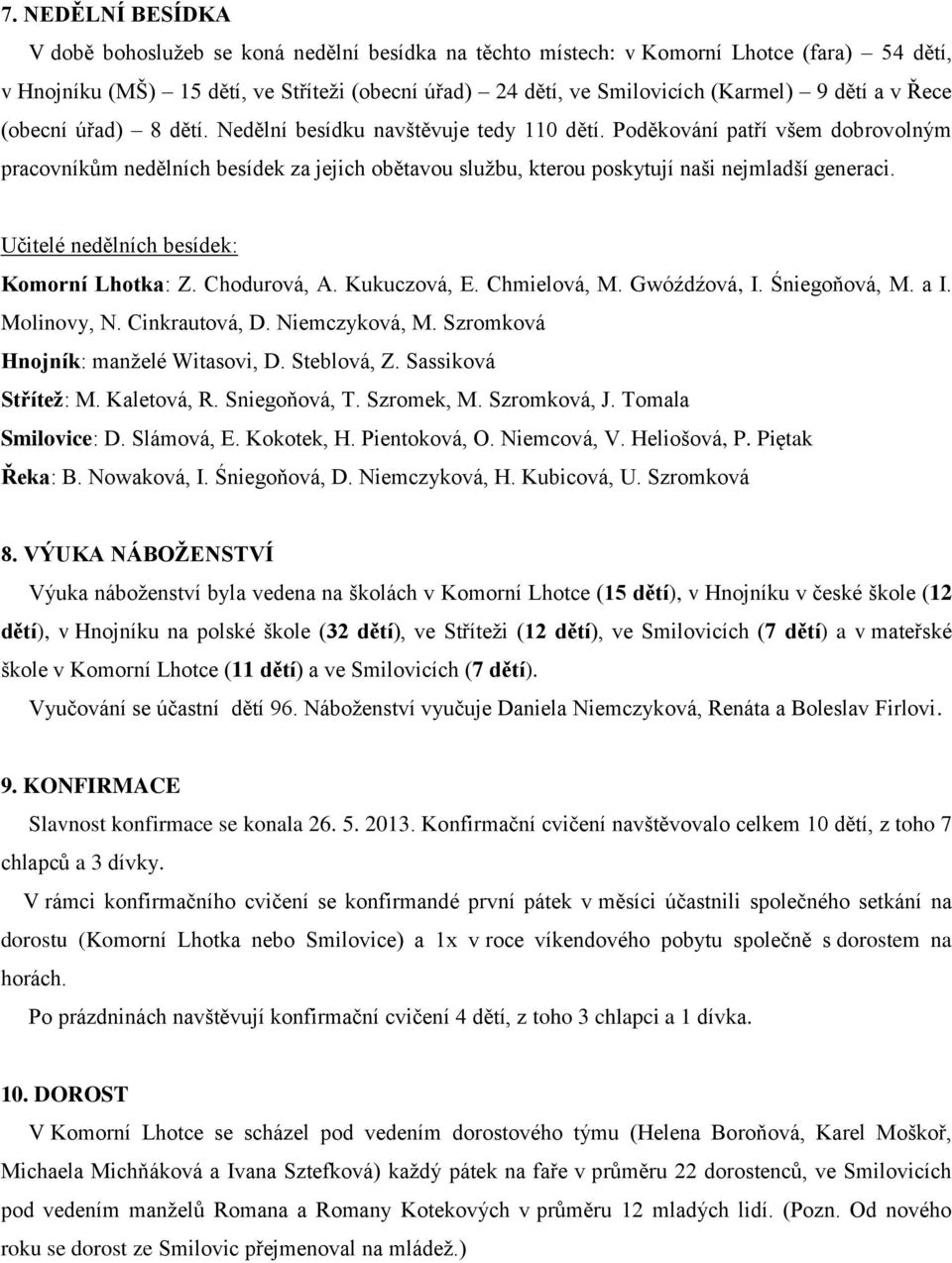 Poděkování patří všem dobrovolným pracovníkům nedělních besídek za jejich obětavou službu, kterou poskytují naši nejmladší generaci. Učitelé nedělních besídek: Komorní Lhotka: Z. Chodurová, A.