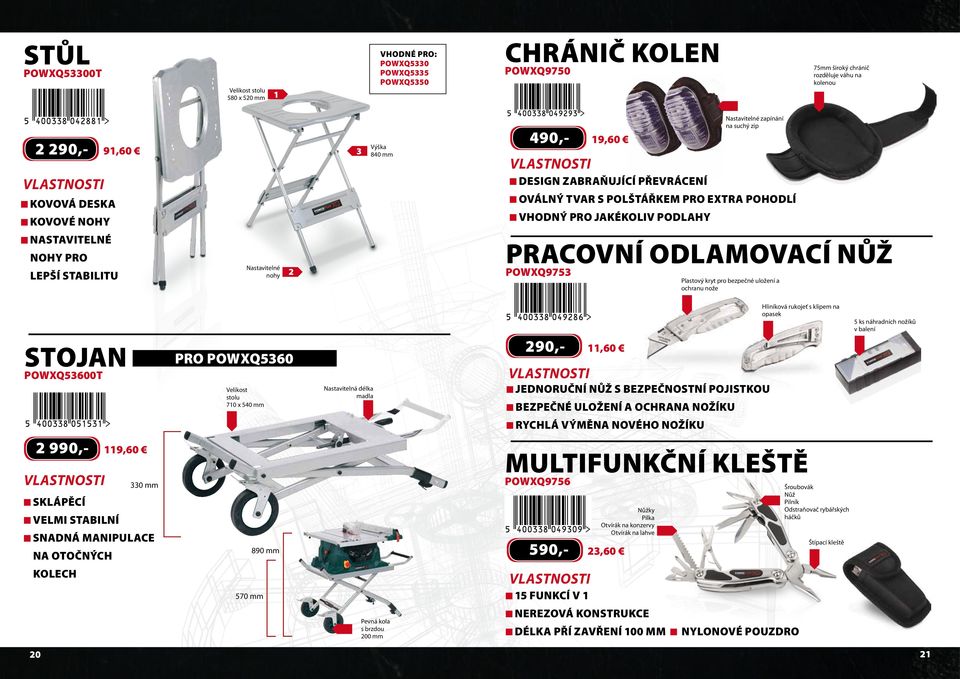 PRACOVNÍ odlamovací NŮŽ POWXQ9 Plastový kryt pro bezpečné uložení a ochranu nože stojan POWXQ00t pro powxq0 Velikost stolu 0 x 0 mm Nastavitelná délka madla 90,-,0 JEDNORUČNÍ NŮŽ S BEZPEČNOSTNÍ