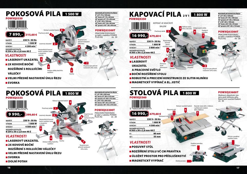 přesné nastavení úhlu stolu MAXIMÁLNÍ KAPACITA ŘEZU 0 x 0 : x 0 mm levá x 0 : x 90 mm pravá x 0 : x 90 mm 0 x : 0 x 0 mm levá x : 0 x 90 mm pravá x : 0 x 90 mm POWXQ00T PRACOVNÍ PODSTAVEC je také v