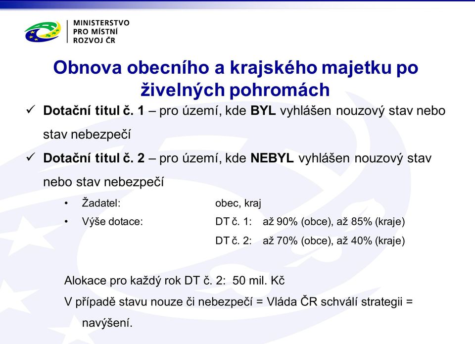 2 pro území, kde NEBYL vyhlášen nouzový stav nebo stav nebezpečí Žadatel: obec, kraj Výše dotace: DT č.