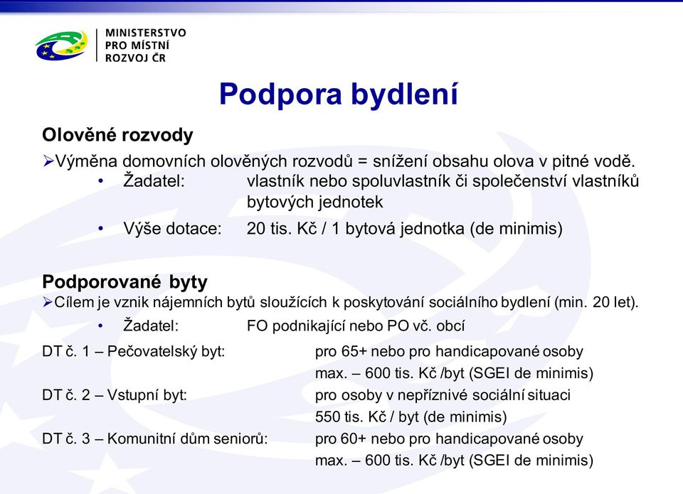 Kč / 1 bytová jednotka (de minimis) Podporované byty ØCílem je vznik nájemních bytů sloužících k poskytování sociálního bydlení (min. 20 let).