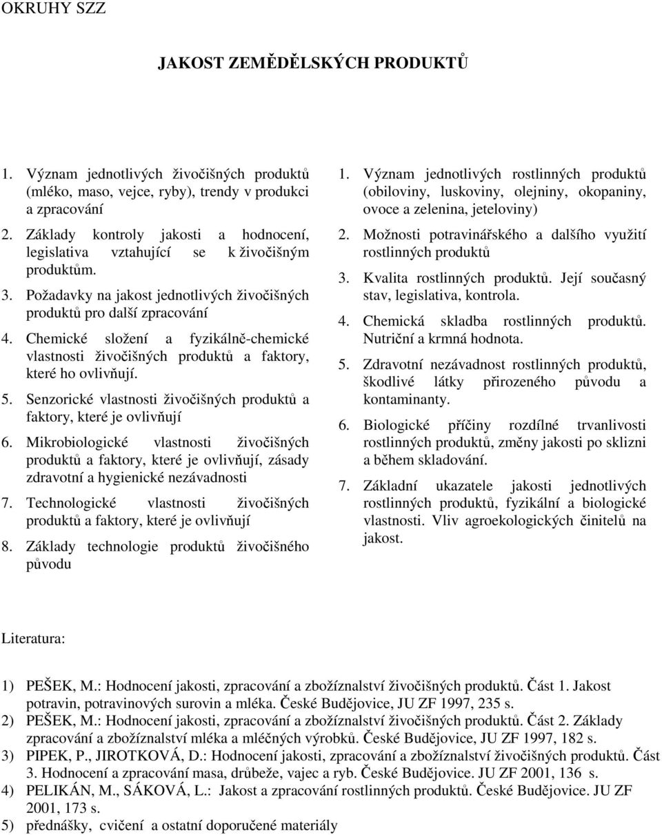 Chemické složení a fyzikálně-chemické vlastnosti živočišných produktů a faktory, které ho ovlivňují. 5. Senzorické vlastnosti živočišných produktů a faktory, které je ovlivňují 6.