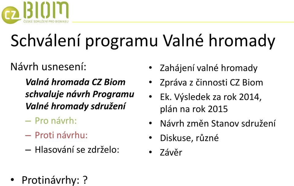 Hlasování se zdrželo: Zahájení valné hromady Zpráva z činnosti CZ Biom Ek.