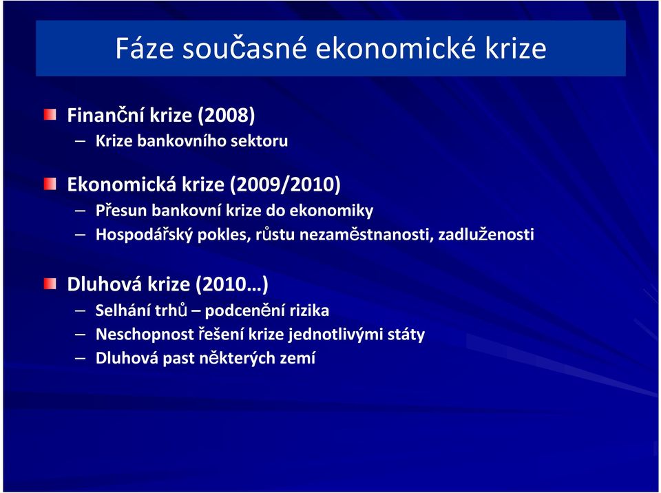 pokles, růstu nezaměstnanosti, zadluženosti Dluhová krize (2010 ) Selhání trhů