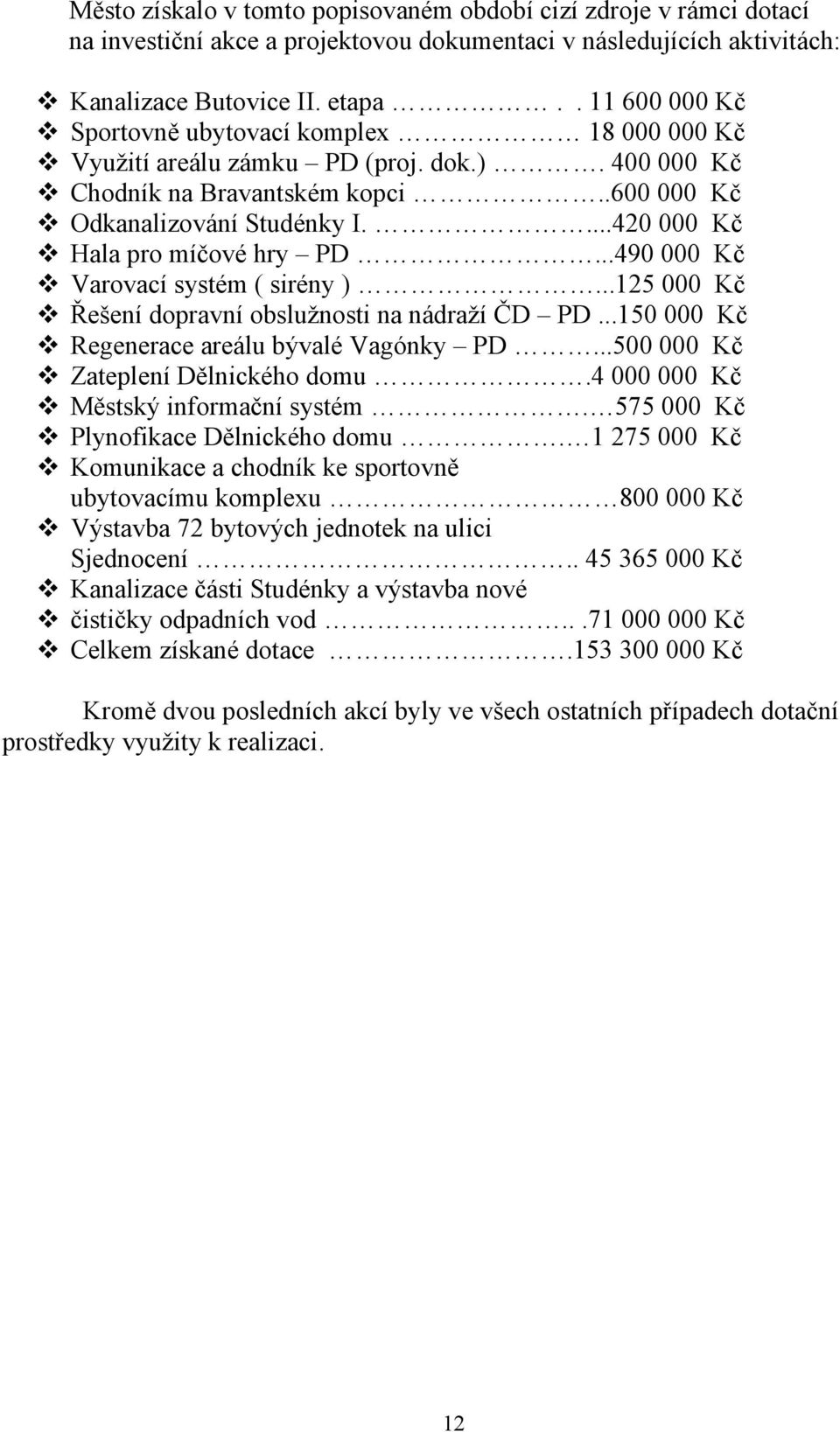 ...420 000 Kč Hala pro míčové hry PD...490 000 Kč Varovací systém ( sirény )...125 000 Kč Řešení dopravní obslužnosti na nádraží ČD PD...150 000 Kč Regenerace areálu bývalé Vagónky PD.