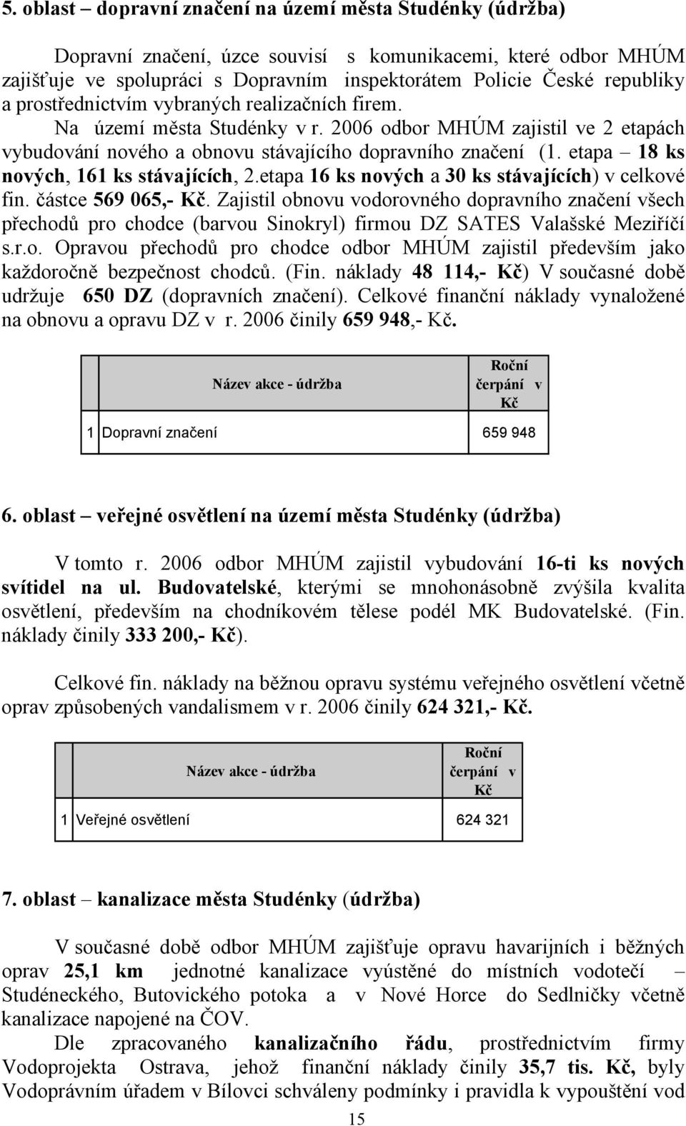 etapa 18 ks nových, 161 ks stávajících, 2.etapa 16 ks nových a 30 ks stávajících) v celkové fin. částce 569 065,- Kč.