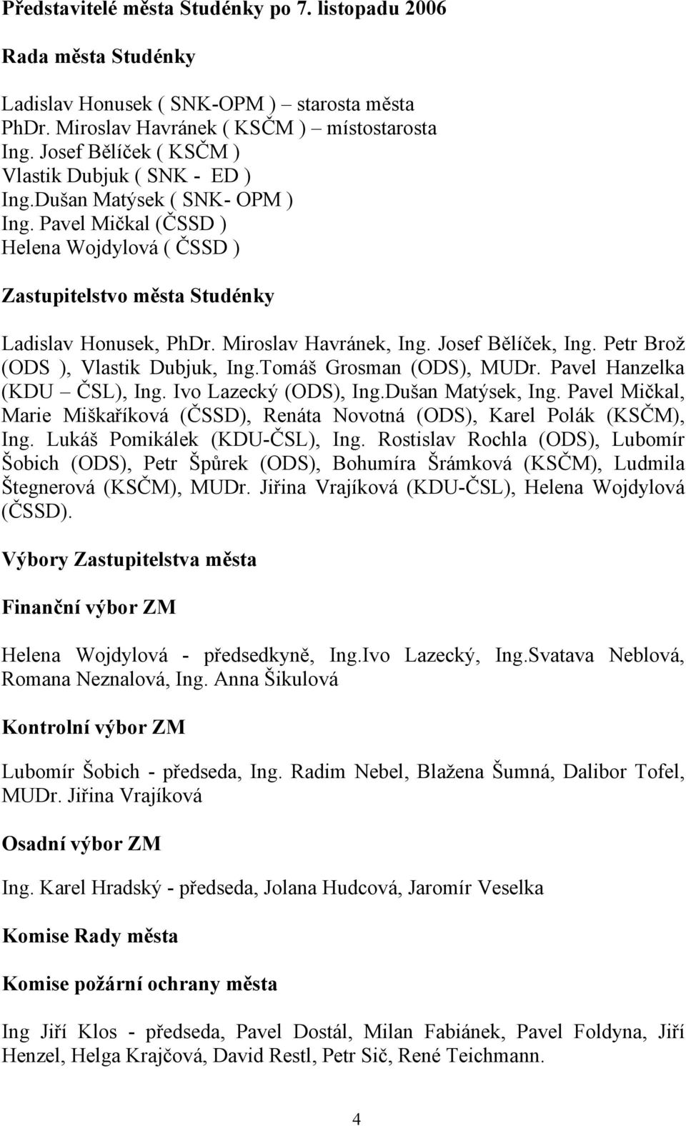 Miroslav Havránek, Ing. Josef Bělíček, Ing. Petr Brož (ODS ), Vlastik Dubjuk, Ing.Tomáš Grosman (ODS), MUDr. Pavel Hanzelka (KDU ČSL), Ing. Ivo Lazecký (ODS), Ing.Dušan Matýsek, Ing.