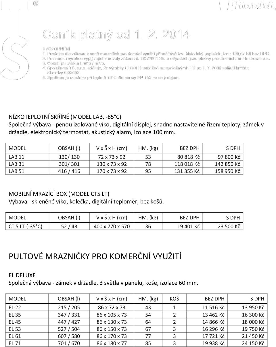 LAB 11 130/ 130 72 x 73 x 92 53 80 818 Kč 97 800 Kč LAB 31 301/ 301 130 x 73 x 92 78 118 018 Kč 142 850 Kč LAB 51 416 / 416 170 x 73 x 92 95 131 355 Kč 158 950 Kč MOBILNÍ MRAZÍCÍ BOX (MODEL CT5 LT)