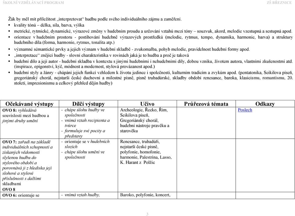 orientace v hudebním prostoru - postihování hudebně výrazových prostředků (melodie, rytmus, tempo, dynamika, harmonie, barva) a struktury hudebního díla (forma, harmonie, rytmus, tonalita atp.