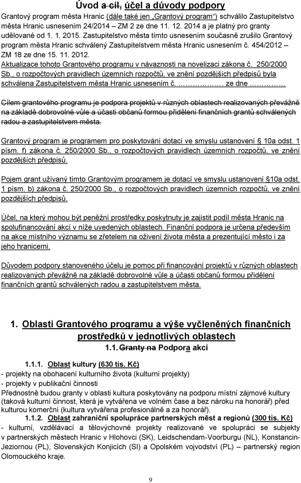 454/2012 ZM 18 ze dne 15. 11. 2012. Aktualizace tohoto Grantového programu v návaznosti na novelizaci zákona č. 250/2000 Sb.