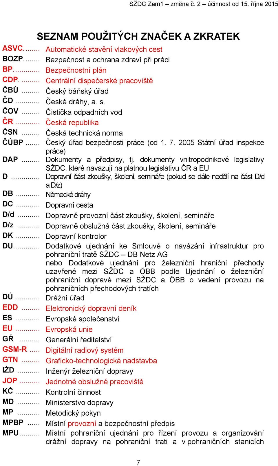 .. Český úřad bezpečnosti práce (od 1. 7. 2005 Státní úřad inspekce práce) DAP... Dokumenty a předpisy, tj. dokumenty vnitropodnikové legislativy SŽDC, které navazují na platnou legislativu ČR a EU D.