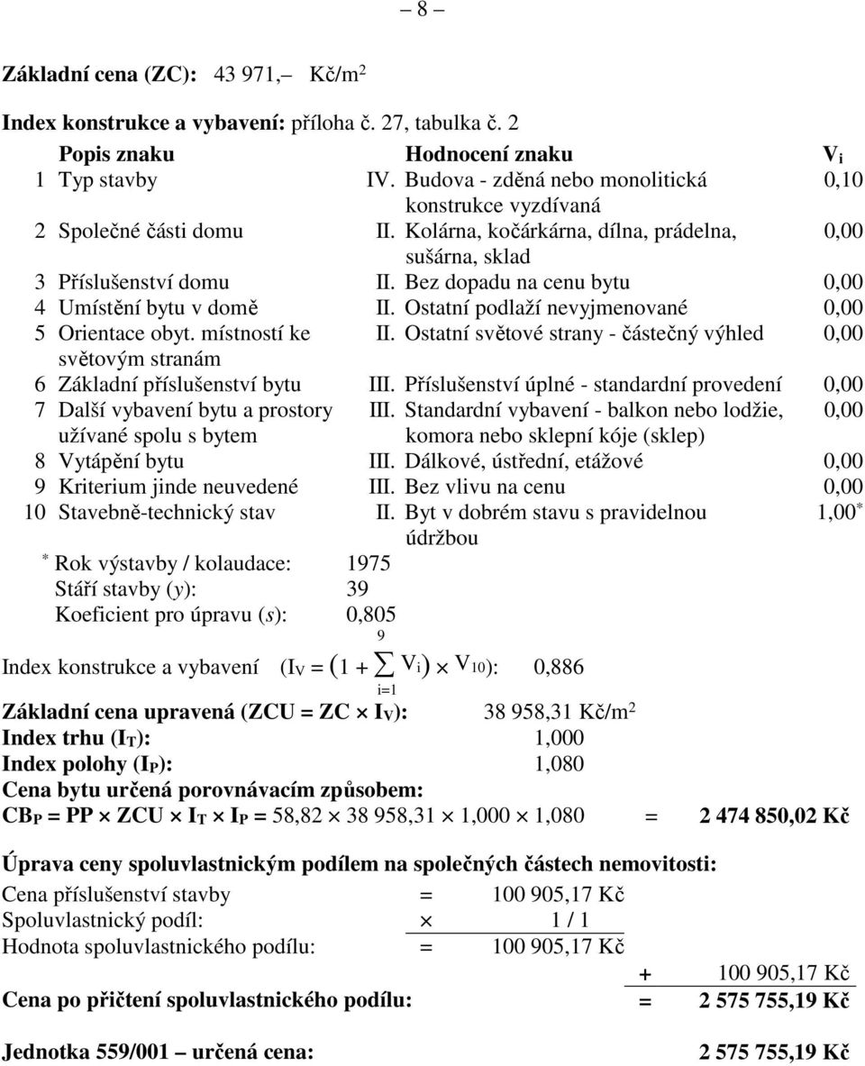 Bez dopadu na cenu bytu 0,00 4 Umístění bytu v domě II. Ostatní podlaží nevyjmenované 0,00 5 Orientace obyt. místností ke II.