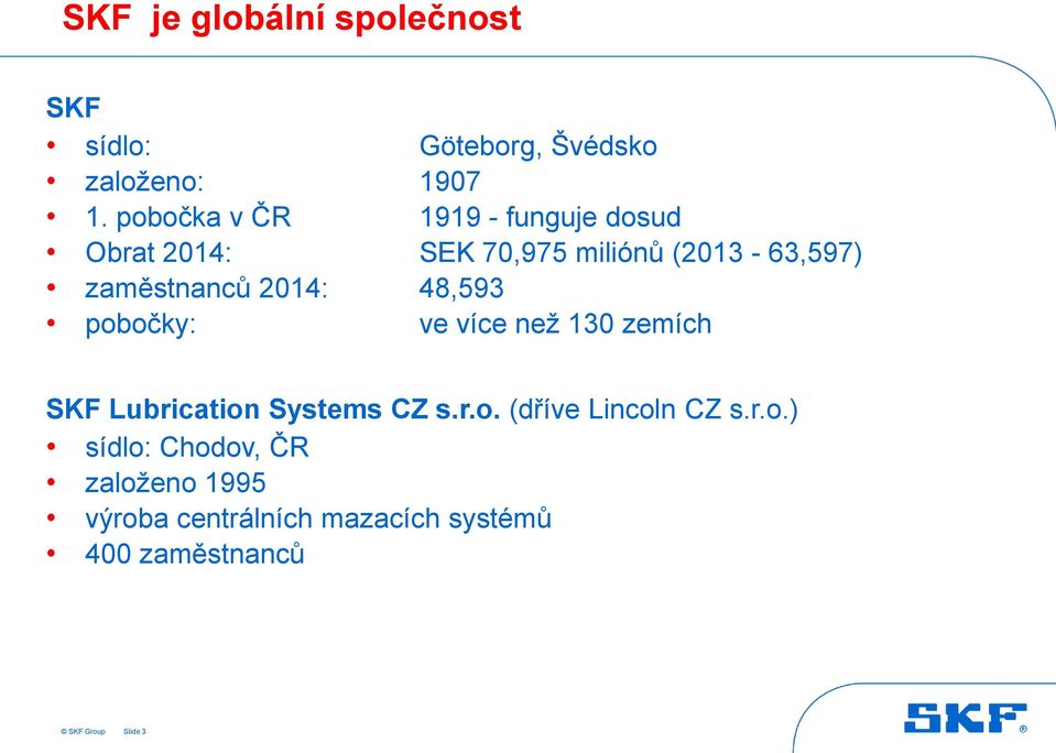 2014: 48,593 pobočky: ve více než 130 zemích SKF Lubrication Systems CZ s.r.o. (dříve Lincoln CZ s.