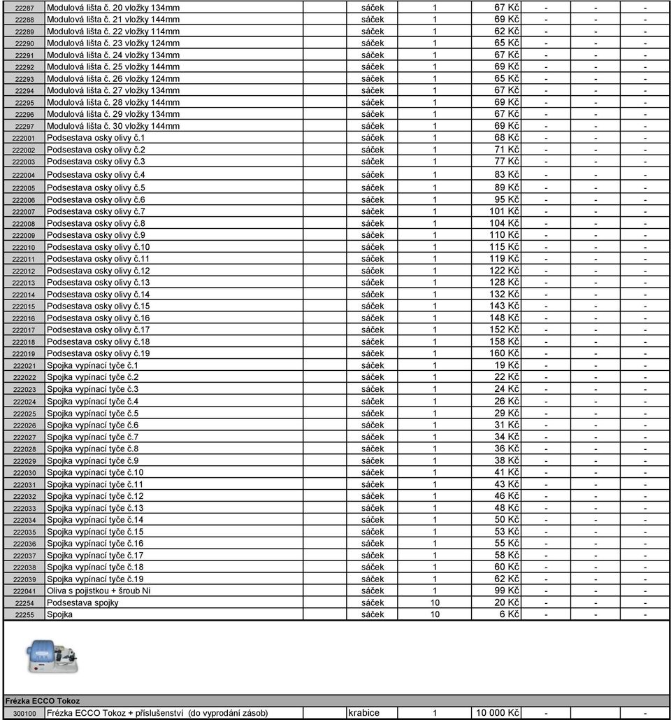 25 vložky 144mm sáček 1 69 Kč - - - 22293 Modulová lišta č. 26 vložky 124mm sáček 1 65 Kč - - - 22294 Modulová lišta č. 27 vložky 134mm sáček 1 67 Kč - - - 22295 Modulová lišta č.