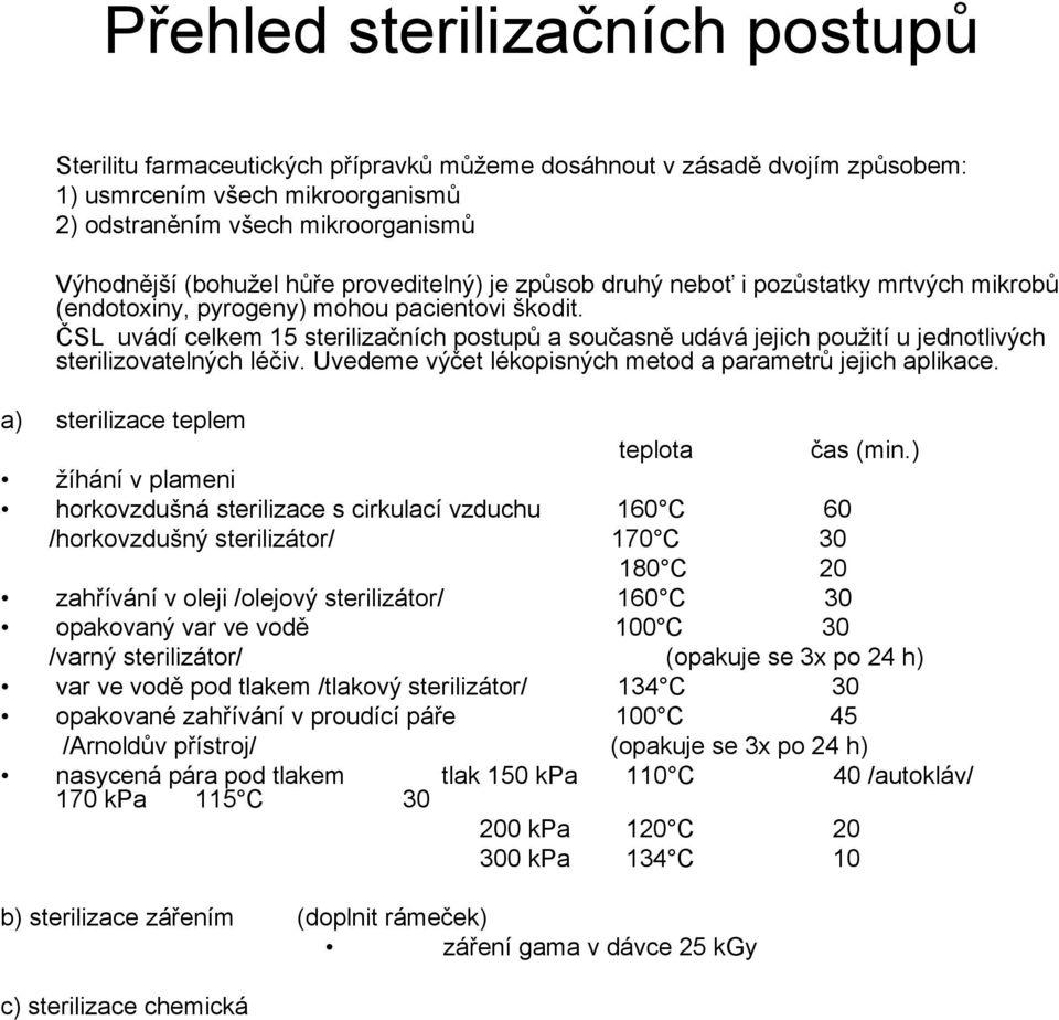 ČSL uvádí celkem 15 sterilizačních postupů a současně udává jejich použití u jednotlivých sterilizovatelných léčiv. Uvedeme výčet lékopisných metod a parametrů jejich aplikace.