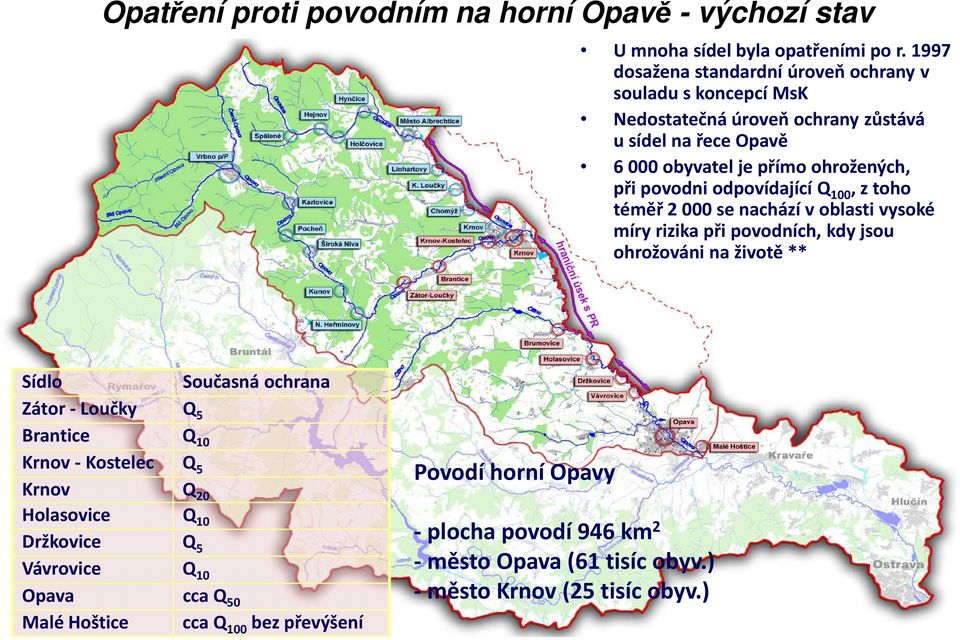 povodni odpovídající Q 100, z toho téměř 2 000 se nachází v oblasti vysoké míry rizika při povodních, kdy jsou ohrožováni na životě ** Sídlo Současná ochrana