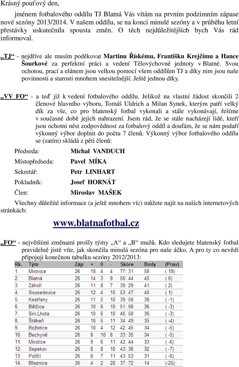 TJ - nejdříve ale musím poděkovat Martinu Řískému, Františku Krejčímu a Hance Šourkové za perfektní práci a vedení Tělovýchovné jednoty v Blatné.