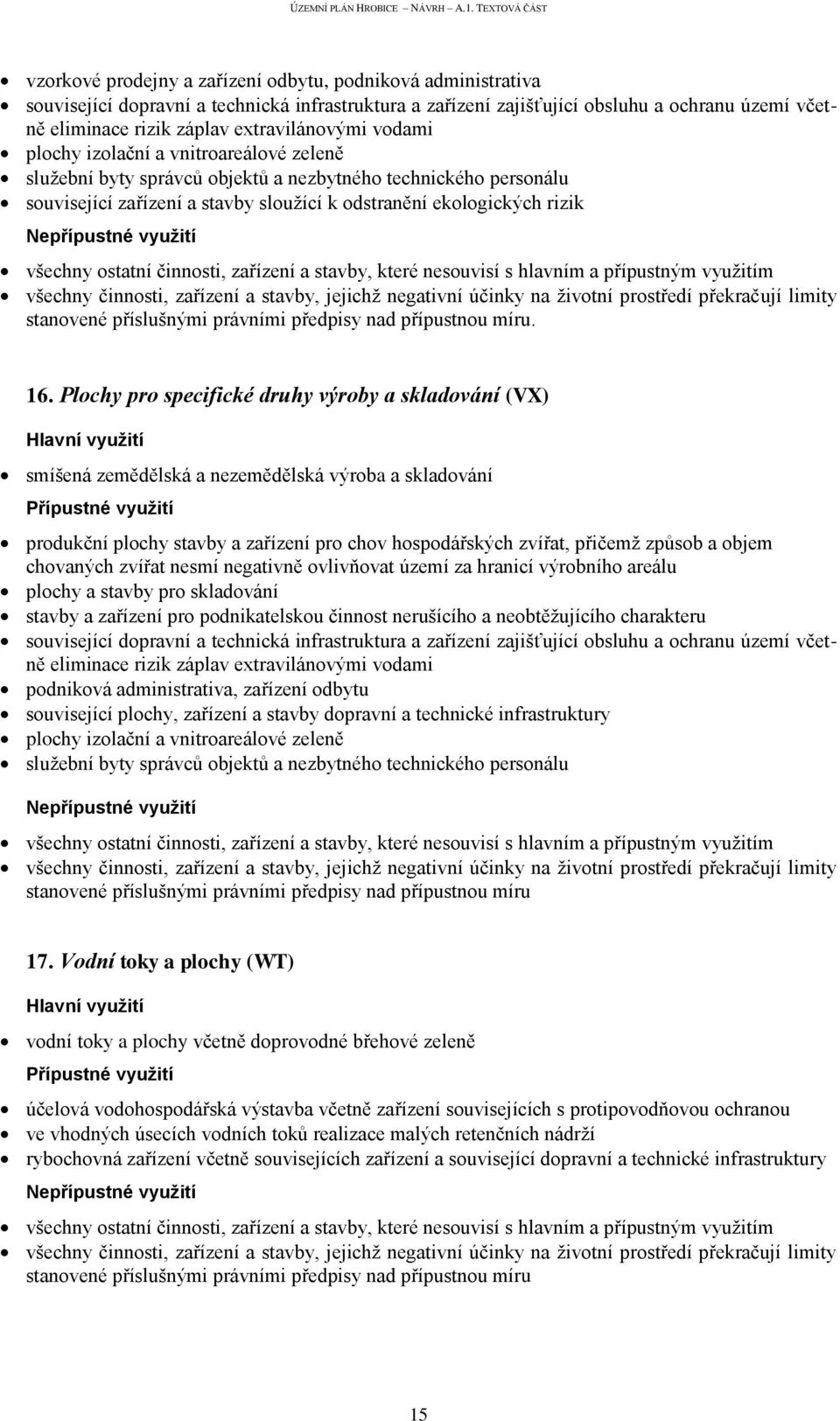 16. Plochy pro specifické druhy výroby a skladování (VX) smíšená zemědělská a nezemědělská výroba a skladování produkční plochy stavby a zařízení pro chov hospodářských zvířat, přičemž způsob a objem