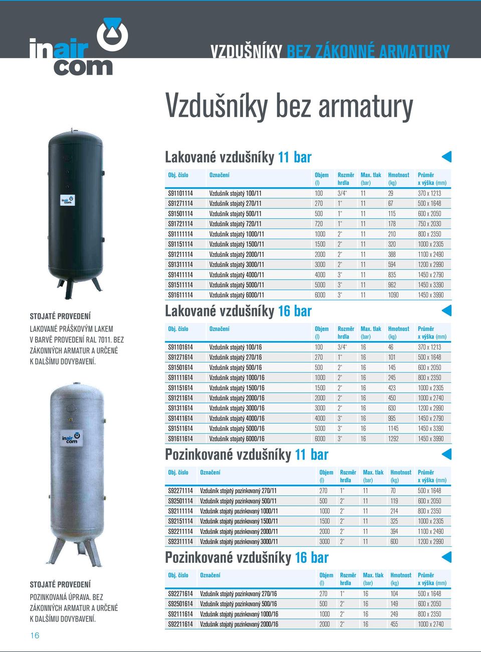 16 Lakované vzdušníky 11 bar Objem Rozměr hrdla Průměr x výška S91101114 Vzdušník stojatý 100/11 100 3/4 11 29 370 x 1213 S91271114 Vzdušník stojatý 270/11 270 1 11 67 500 x 1648 S91501114 Vzdušník