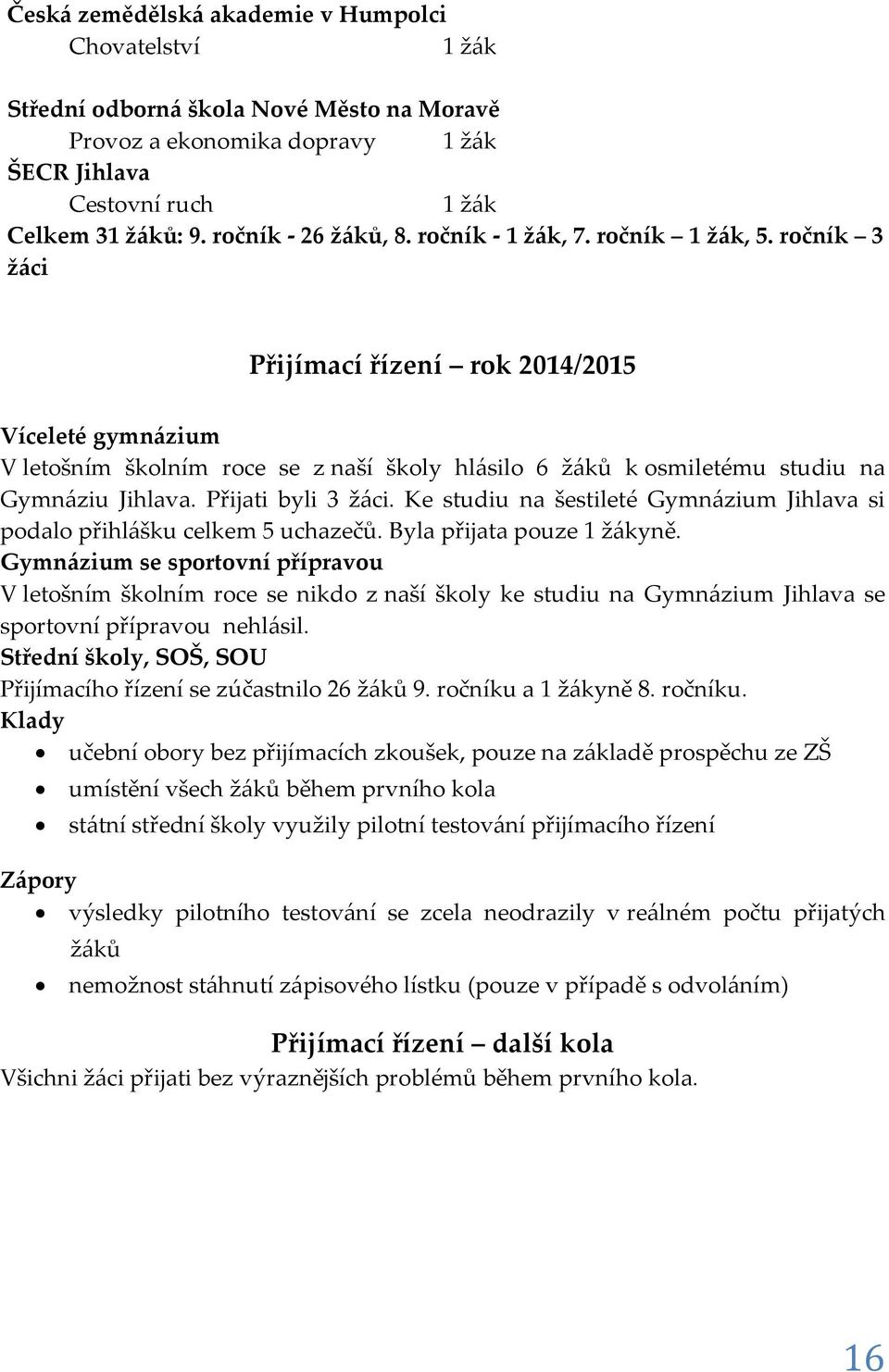 Ke studiu na šestileté Gymnázium Jihlava si podalo přihlášku celkem 5 uchazečů. Byla přijata pouze yně.