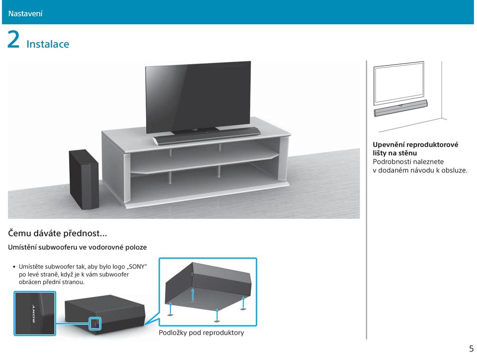 Čemu dáváte přednost Umístění subwooferu ve vodorovné poloze Umístěte