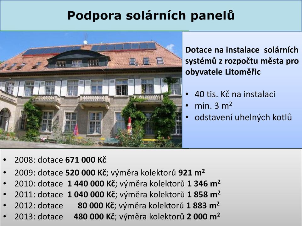 3 m 2 odstavení uhelných kotlů 2008: dotace 671 000 Kč 2009: dotace 520 000 Kč; výměra kolektorů 921 m 2 2010: