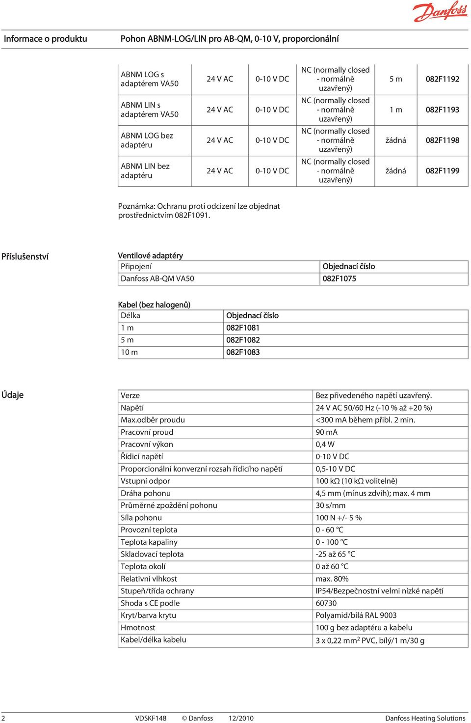 Příslušenství Ventilové adaptéry Připojení Danfoss AB-QM VA50 Objednací číslo 082F1075 Kabel (bez halogenů) Délka Objednací číslo 1 m 082F1081 5 m 082F1082 10 m 082F1083 Údaje Verze Bez přivedeného