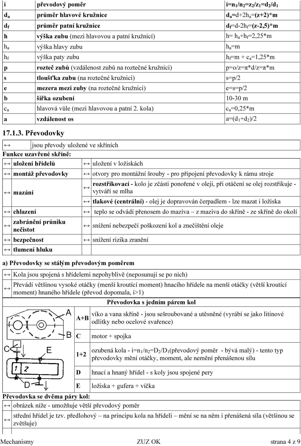 mezera mezi zuby (na roztečné kružnici) e=s=p/2 b šířka ozubení 10-30