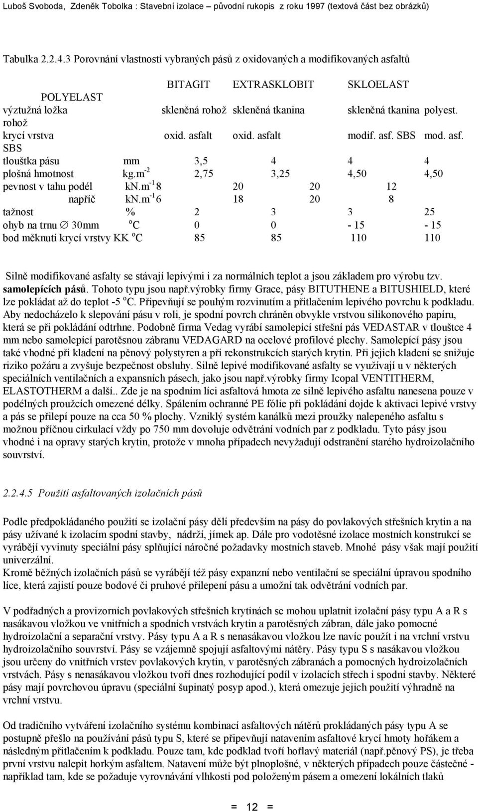 rohož krycí vrstva oxid. asfalt oxid. asfalt modif. asf. SBS mod. asf. SBS tlouštka pásu mm 3,5 4 4 4 plošná hmotnost kg.m -2 2,75 3,25 4,50 4,50 pevnost v tahu podél kn.m -1 8 20 20 12 napříč kn.