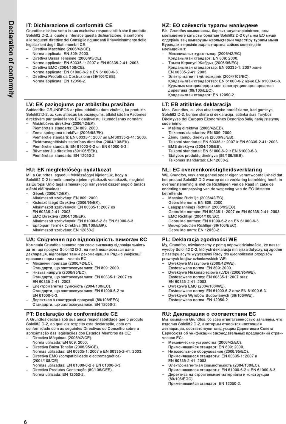 Direttiva Bassa Tensione (2006/95/CE). Norme applicate: EN 60335-1: 2007 e Direttiva EMC (2004/108/CE). Norme applicate: EN 61000-6-2 e EN 61000-6-3. Direttiva Prodotti da Costruzione (89/106/CEE).