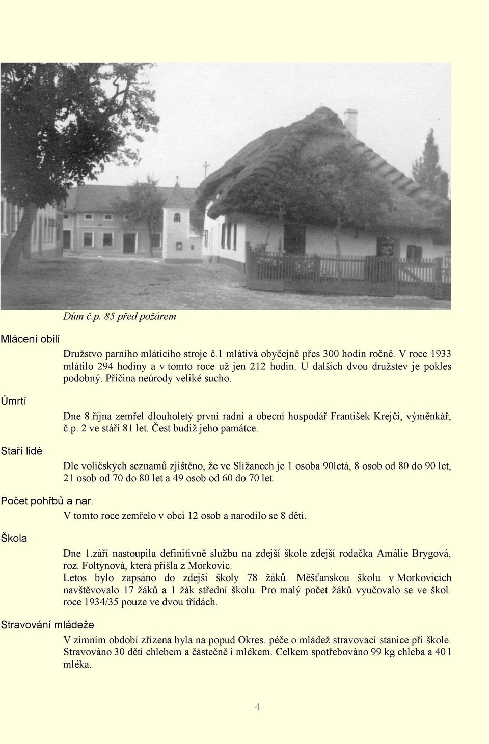Čest budiž jeho památce. Dle voličských seznamů zjištěno, že ve Slížanech je 1 osoba 90letá, 8 osob od 80 do 90 let, 21 osob od 70 do 80 let a 49 osob od 60 do 70 let. Počet pohřbů a nar.
