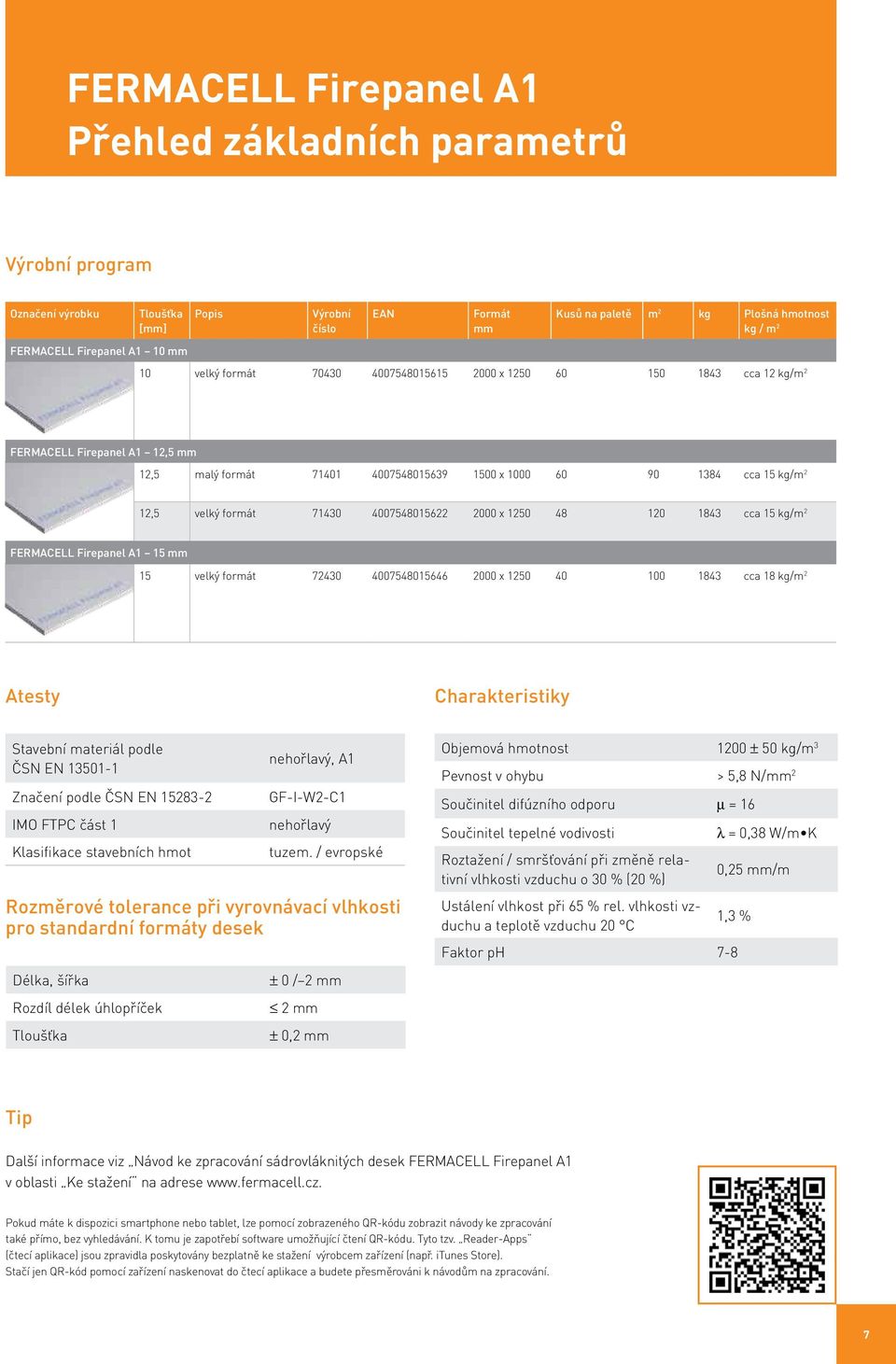 formát 71430 4007548015622 2000 x 1250 48 120 1843 cca 15 kg/m 2 FERMACELL Firepanel A1 15 mm 15 velký formát 72430 4007548015646 2000 x 1250 40 100 1843 cca 18 kg/m 2 Atesty Charakteristiky Stavební