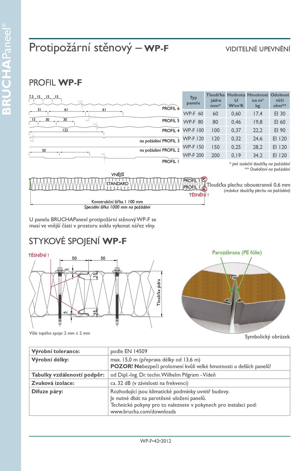 mm* VIDITELNÉ UPEVNĚNÍ Hodnota U W/m²K Hmotnost na m² kg Odolnost vůči ohni** WP-F 60 60 0,60 17,4 EI WP-F 80 80 0,46 19,8 EI 60 WP-F 100 100 0,37, EI 90 WP-F 10 10 0,3 4,6 EI 10 WP-F 0 0 0,5 8, EI