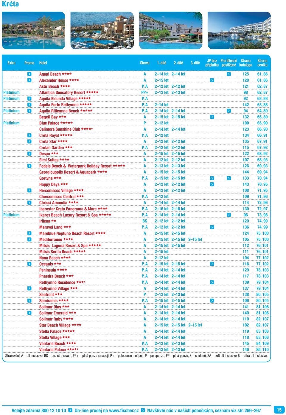 12 let 121 62, 87 Platinium Atlantica Sensatory Resort ccccc PP+ 2 13 let 2 13 let 98 62, 87 Platinium Aquila Elounda Village ccccc P, A 92 63, 88 Aquila Porto Rethymno ccccc P, A 2 14 let 142 63, 88