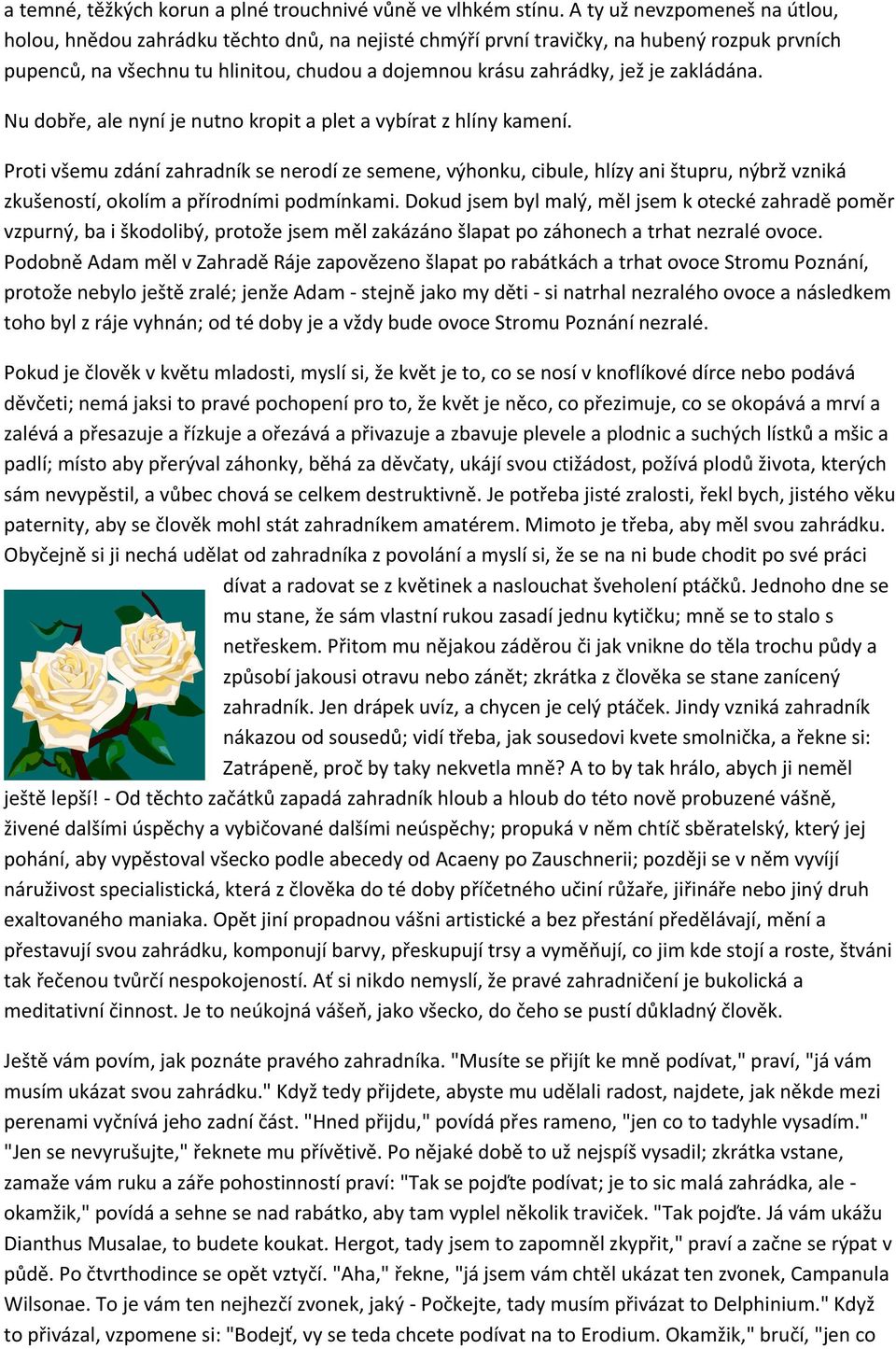 zakládána. Nu dobře, ale nyní je nutno kropit a plet a vybírat z hlíny kamení.