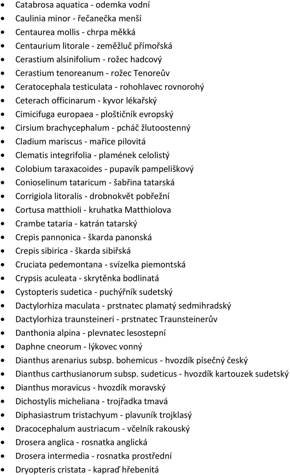 mariscus - mařice pilovitá Clematis integrifolia - plamének celolistý Colobium taraxacoides - pupavík pampeliškový Conioselinum tataricum - šabřina tatarská Corrigiola litoralis - drobnokvět pobřežní