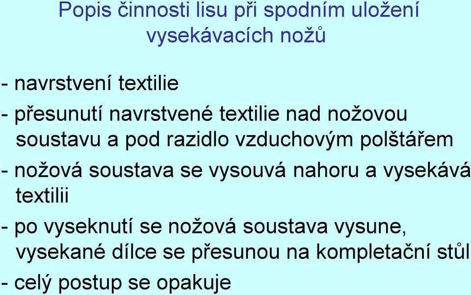 polštářem - nožová soustava se vysouvá nahoru a vysekává textilii - po vyseknutí se